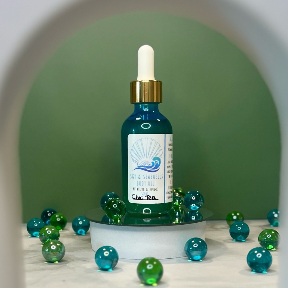Hand Crafted “Chai Tea” Scented Shimmering Body Oil by Sky & Seashells Skincare